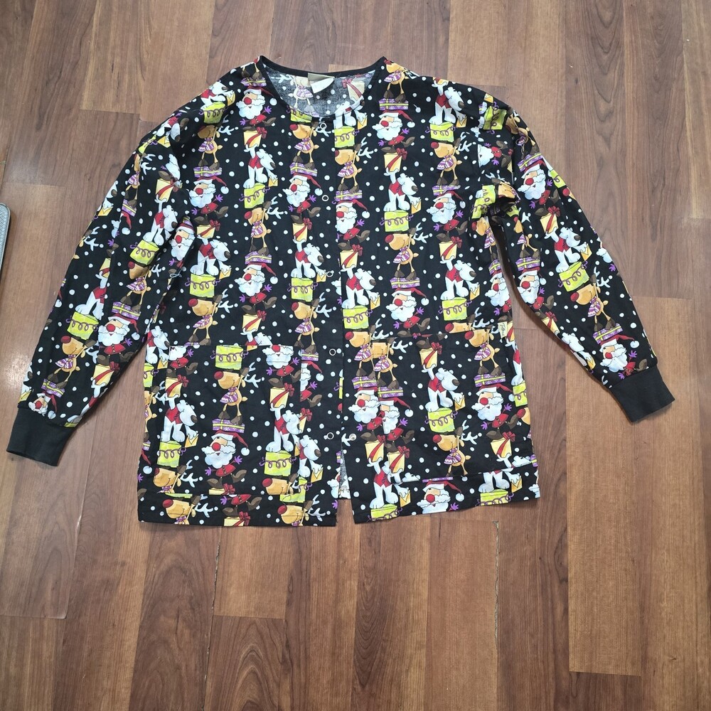 Tafford Christmas Holiday Scrub Long Sleeve Jacket Bright Festive Santa Reindeer